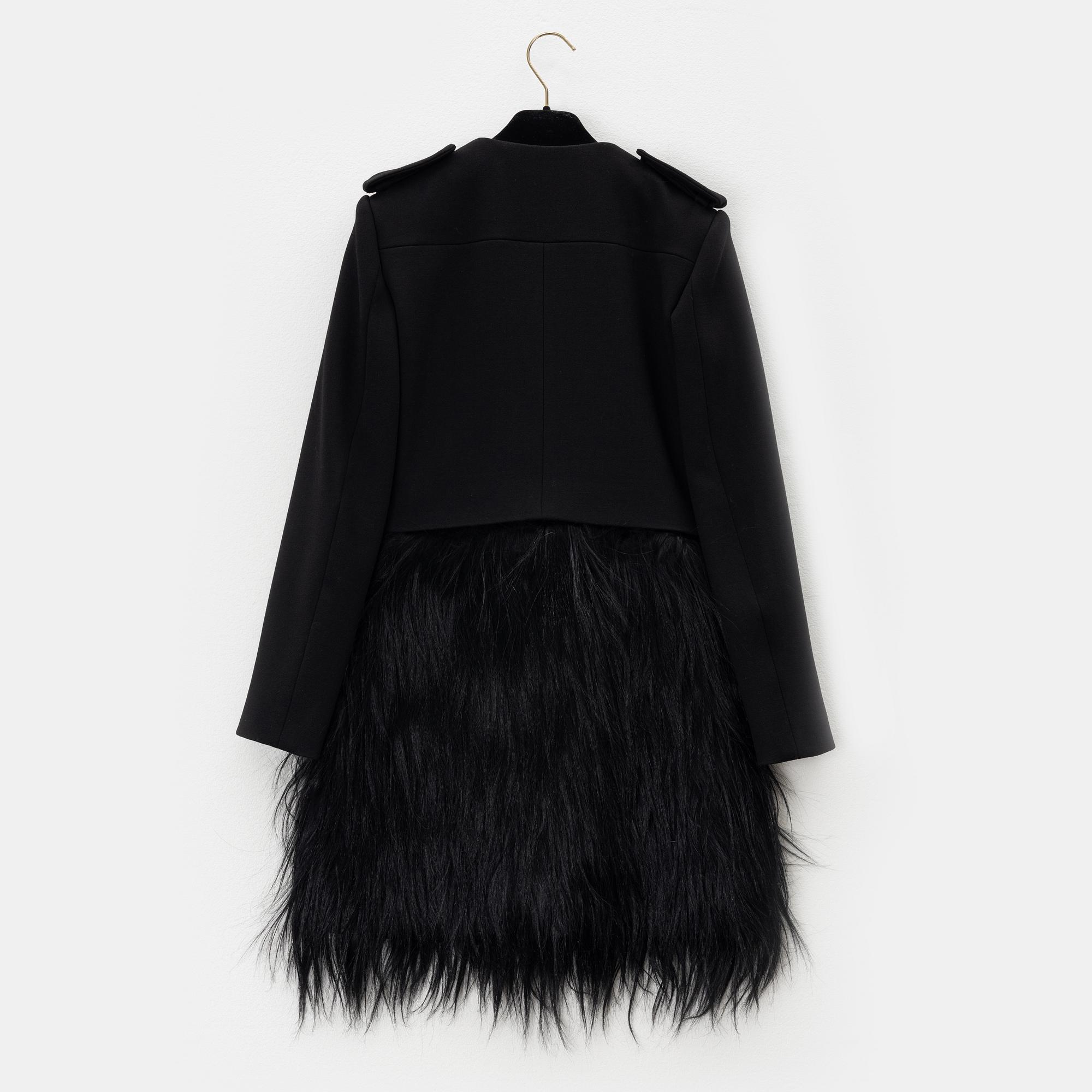 Céline, a black wool and fur coat, size 34.