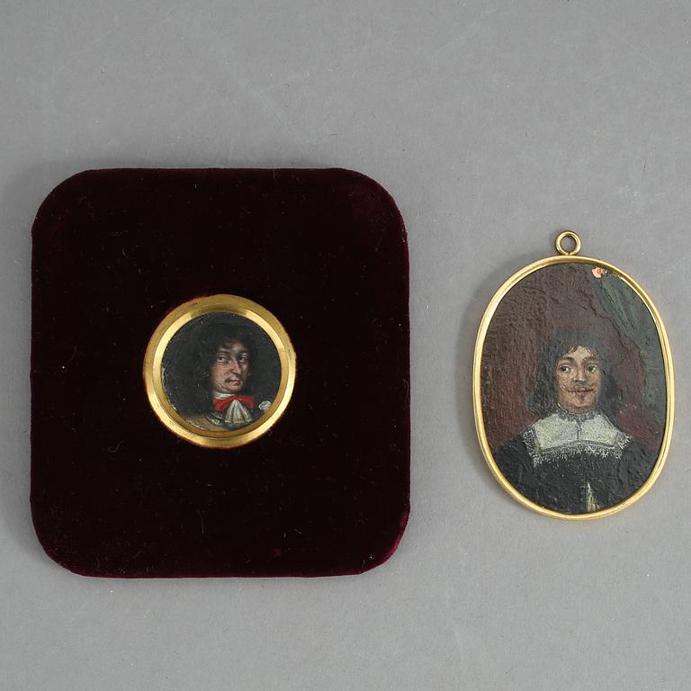 MINIATYRMÅLNINGAR, 2 st. Olja på koppar och plåt. Barock, 1700-tal.