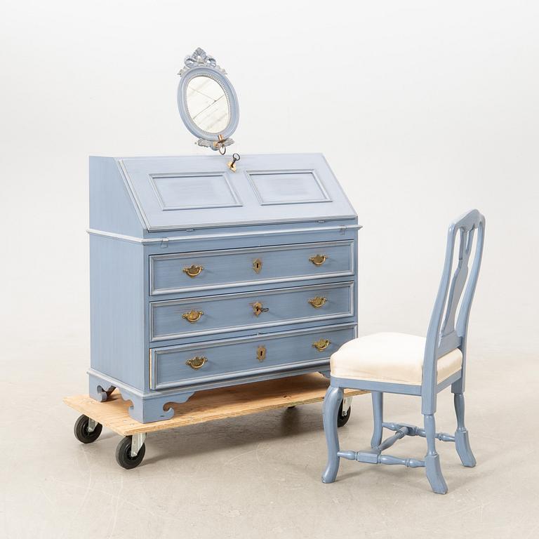Writing desk as well as a wall-mounted lamp and chair, 18th-century model, KA Roos, Helsingborg, later part of the 20th century.
