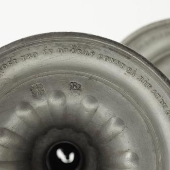 A pair of Gustavian pewter candlesticks by Jacob Sauer, Stockholm 1784.