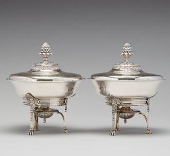 A pair of Swedish Empire silver tureens on stand, mark of Adolf Zethelius, Stockholm 1830.