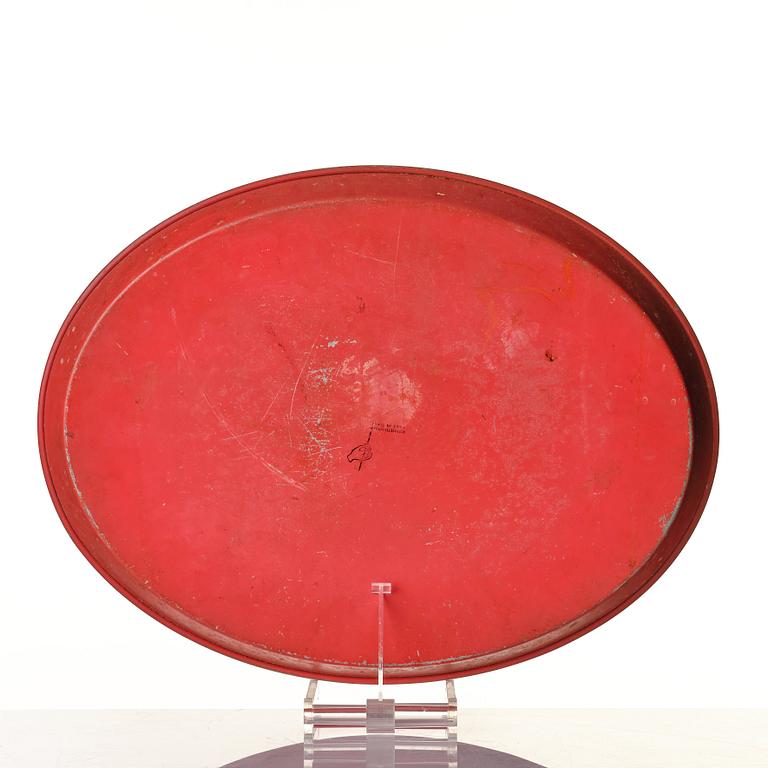 Piero Fornasetti, an oval printed and lacquered sheet metal tray, Milan, Italy, probably 1960's.