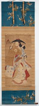 RULLMÅLNING, tusch och färg på papper. Okänd konstnär, Japan, troligen tidigt 1700-tal.