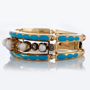 Labitte Frères armband 18K guld med emaljdekor samt rosenslipade diamanter och pärlor.