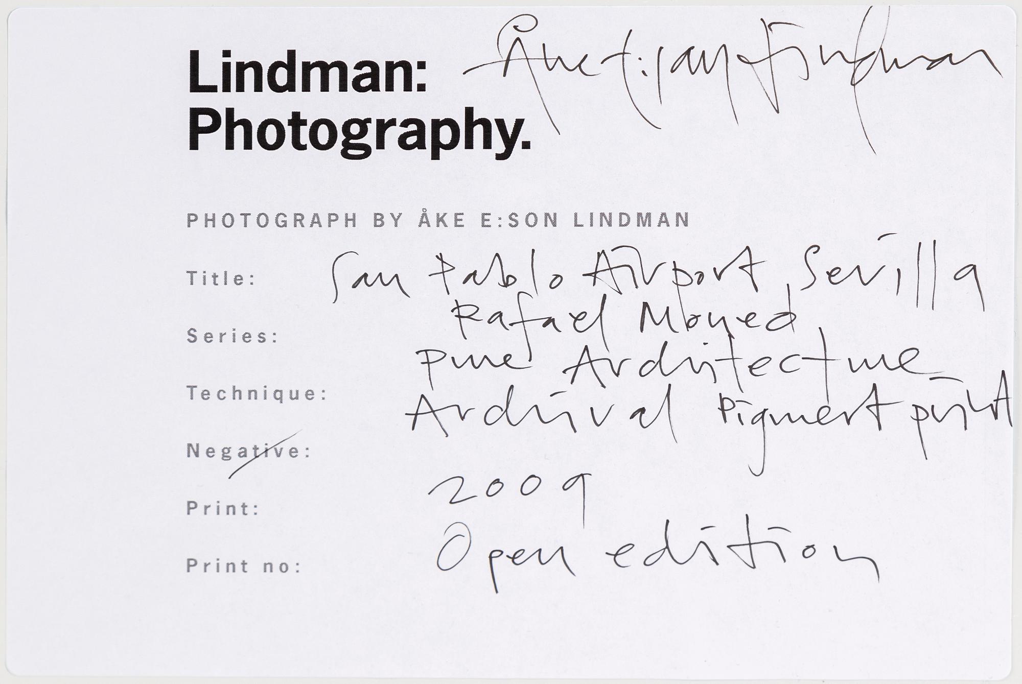 ÅKE E:SON LINDMAN, photograph signed on label verso.