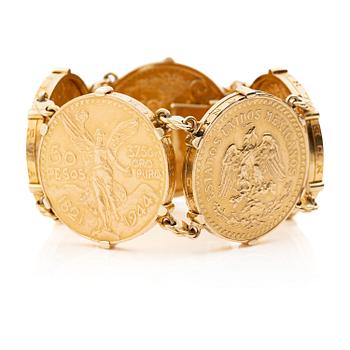 536B. A bracelet gold set with mexican gold coins.