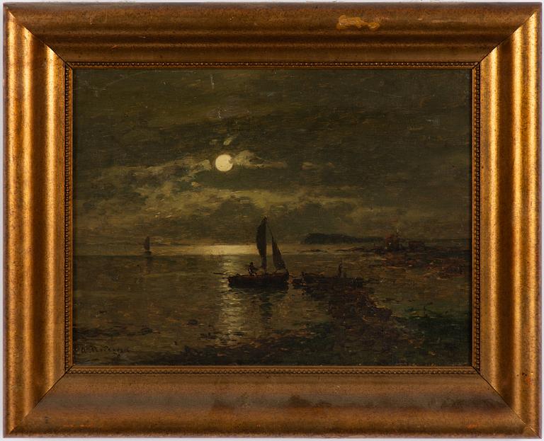 Axel Nordgren, Moonlight Landscape with Fishing Boat.