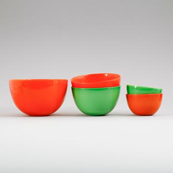 SKÅLAR, 5 st, glas, "Colora", Sven Palmqvist, Orrefors.