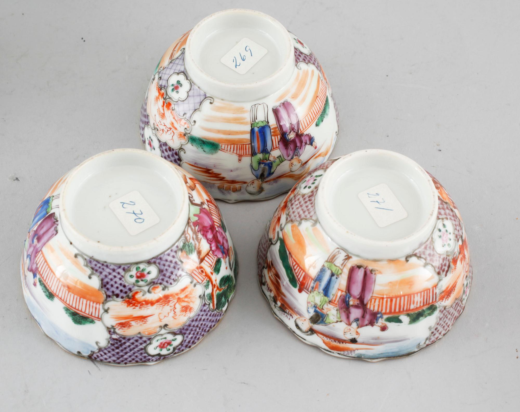 Three polychrome cups with barrels, three cups, one bowl with lid and one plate, Qing dynasty, 18/19th century.