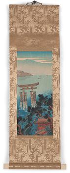 A Japanese wood block print mounted as a kakiemono, early 20th Century.