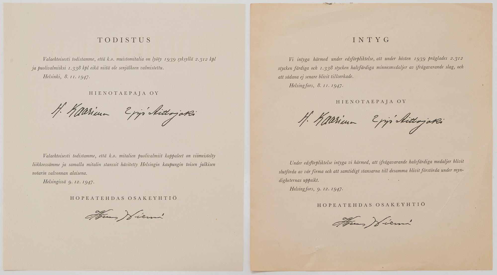 Commemorative medals in a box, 3 pcs, Olympic Games Helsinki 1940, Hopeatehdas Oy.