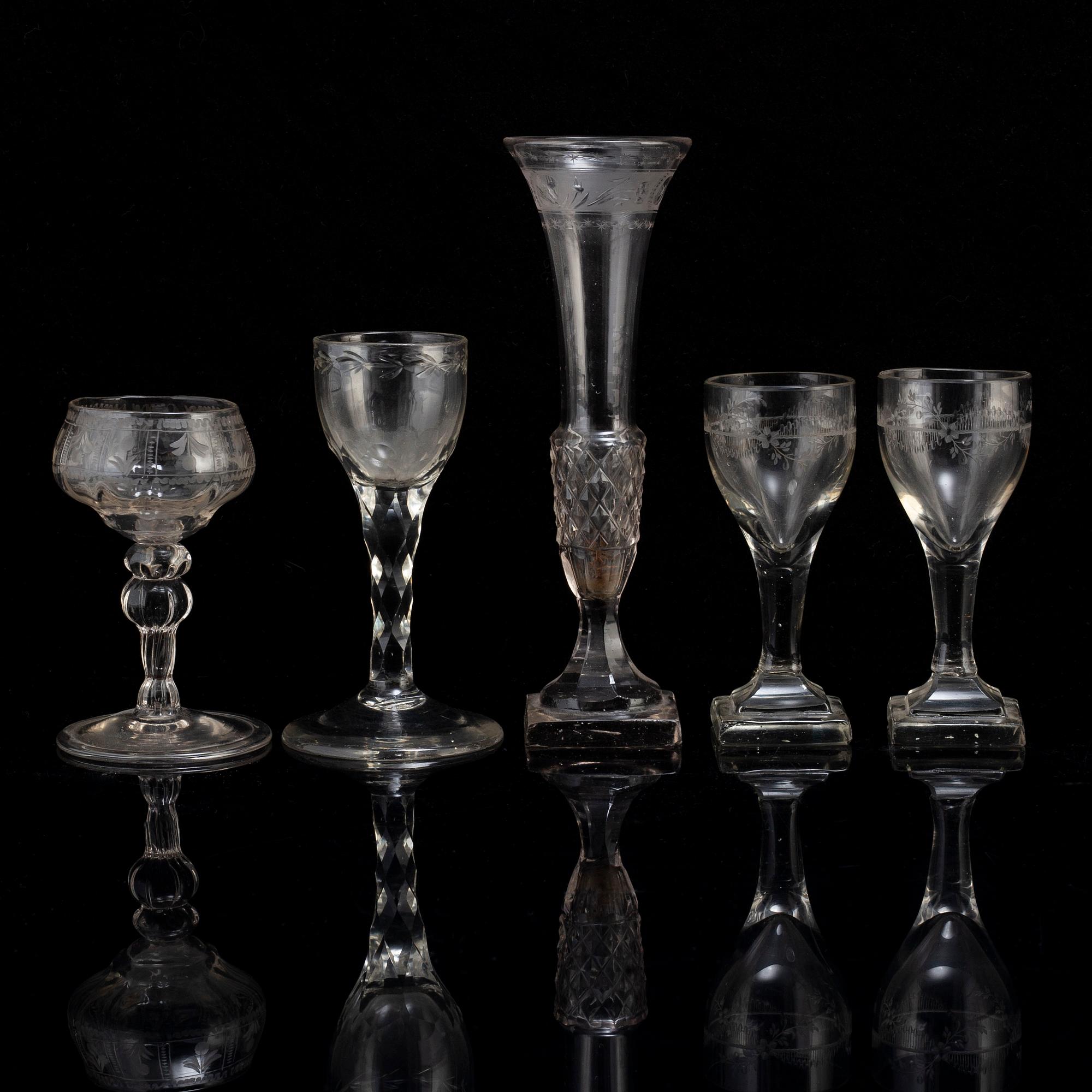 GLAS,  5 stycken, 17-/1800-tal,