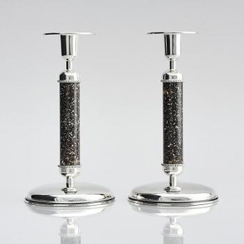 Henrik Ingemansson, a pair of sterling silver and Älvdal porphyry candelsticks, Ingemansson's Smithy, Stockholm, 2002.