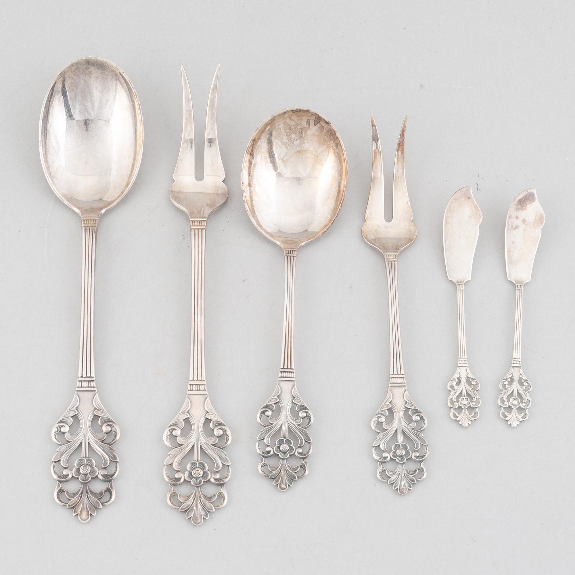 A set of six cutlery service parts, marks of Thorvald Marthinsen Sølvvarefabrik, Norway, 20th century.