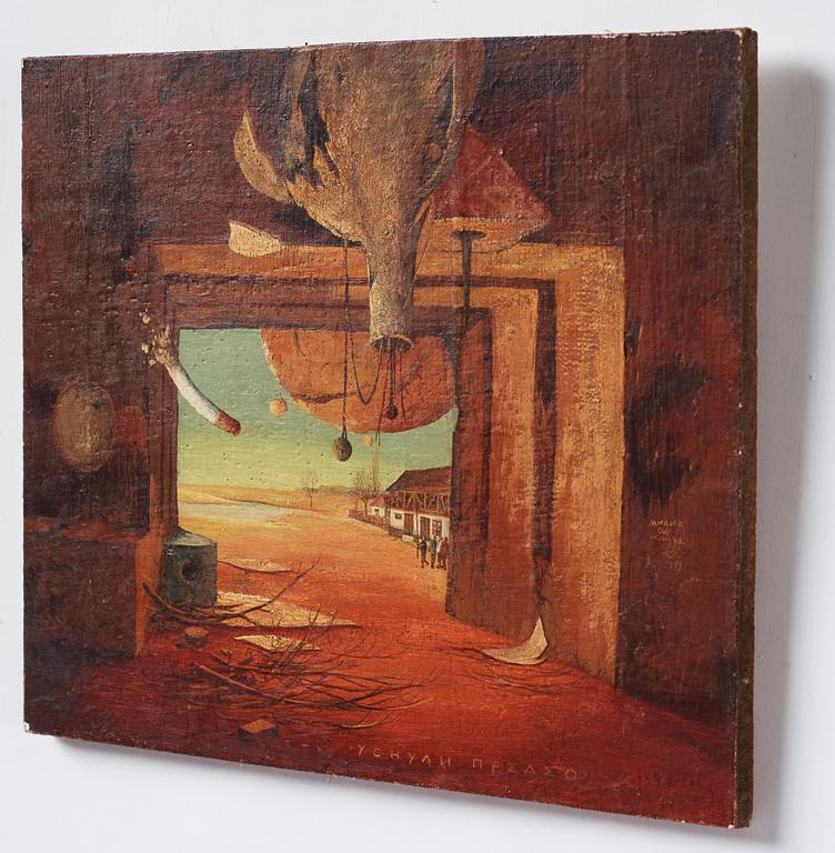 Milić od Mačve, olja på duk lagd på pannå, signerad och daterad 1969, även signerad och daterad 1969 a tergo.