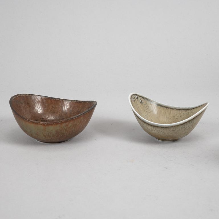 Tea pot, two bowls, two creamers, and a vase by Gunnar Nylund, stoneware, Rörstrand.