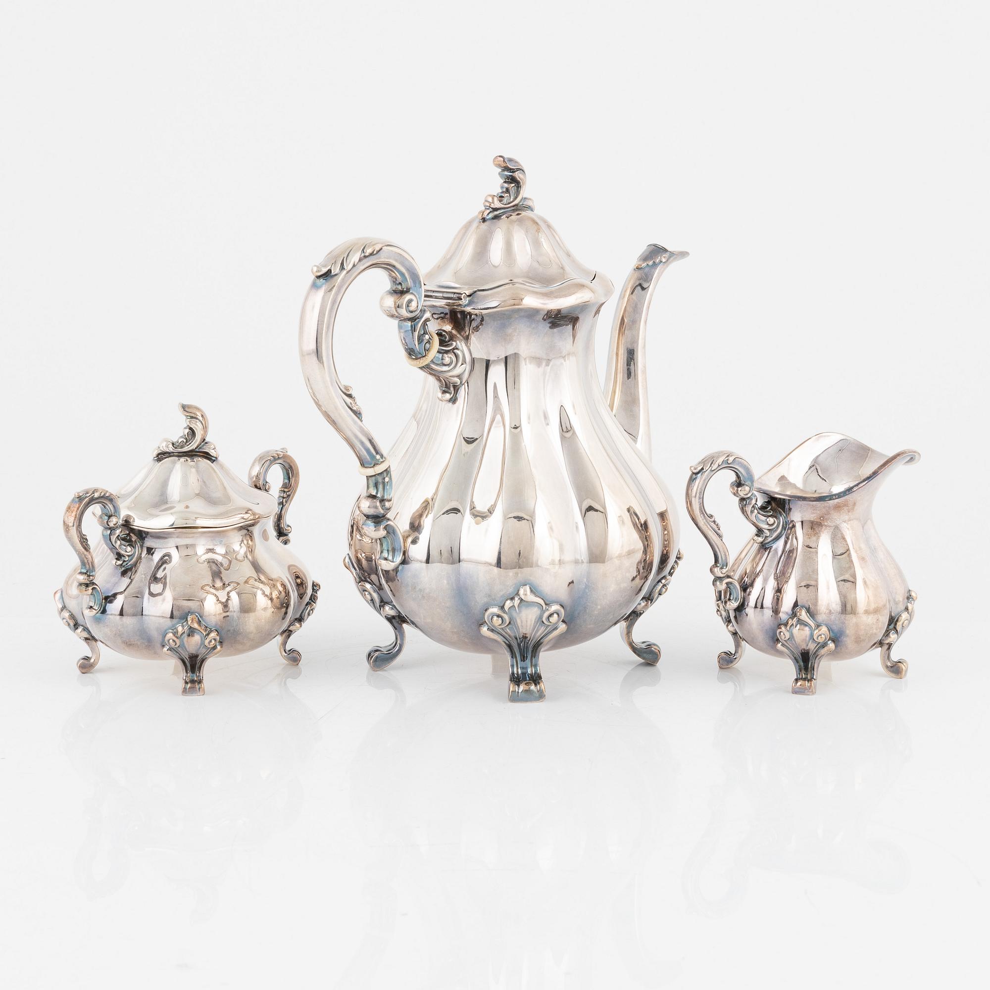 Kaffeservis, 3 delar, silver, rokokostil, Norge, omkring 1900-talets mitt.