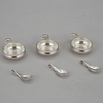 SALTKAR, 3 st, silver, "Konge", Georg Jensen, Danmark. Total silvervikt ca 59 g.