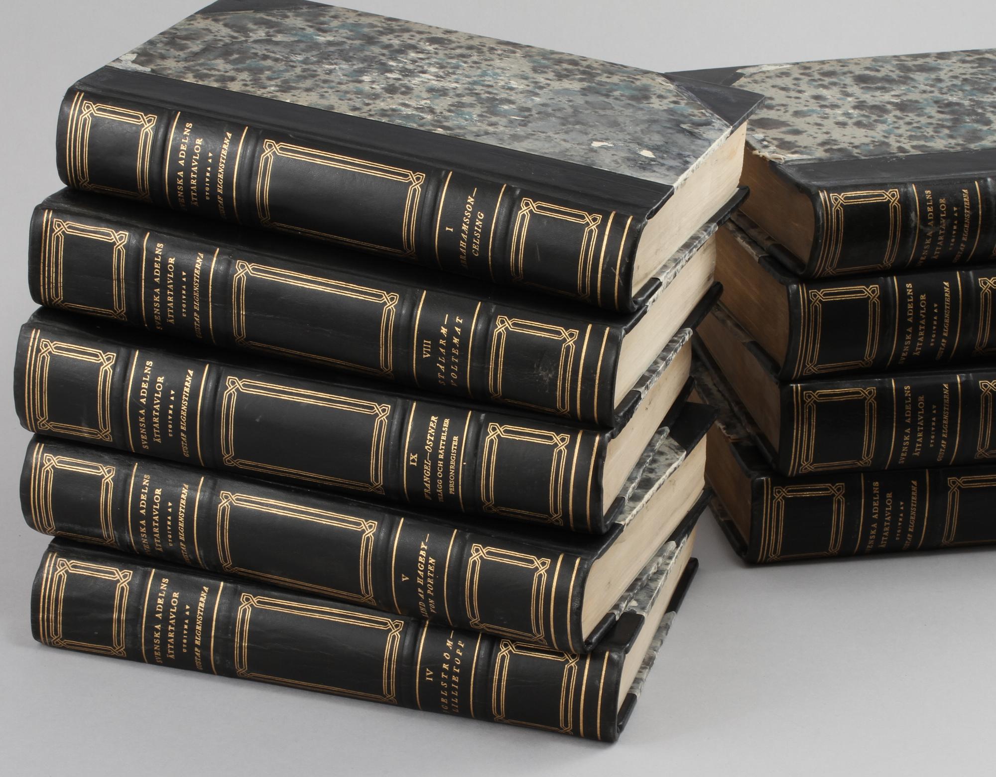 BOKVERK, volym I-IX, "Den introducerade Svenska Adelns Ättartavlor", Gustaf Elgenstierna, Stockholm 1925-36.