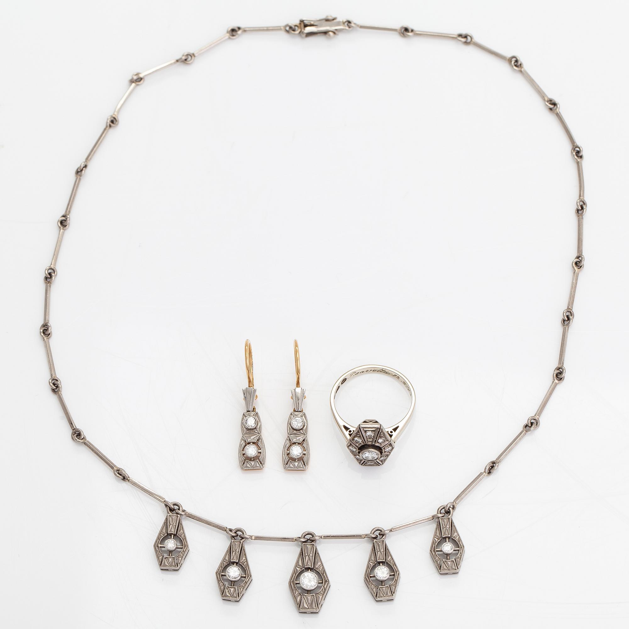 A necklace, ring and earrings, 14K gold and diamonds ca. 0.92 ct in total. Westerback, Helsinki 1964-1973.