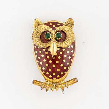 Brooch in the form of an owl, 18K gold with enamel.