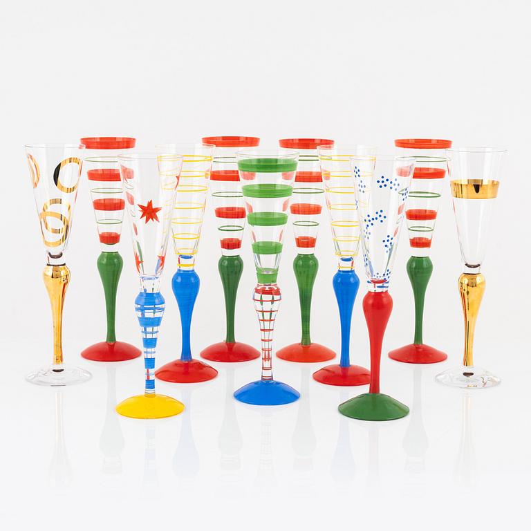 Anne Nilsson, a set of 12 'Clown' champagne glasses, Orrefors.