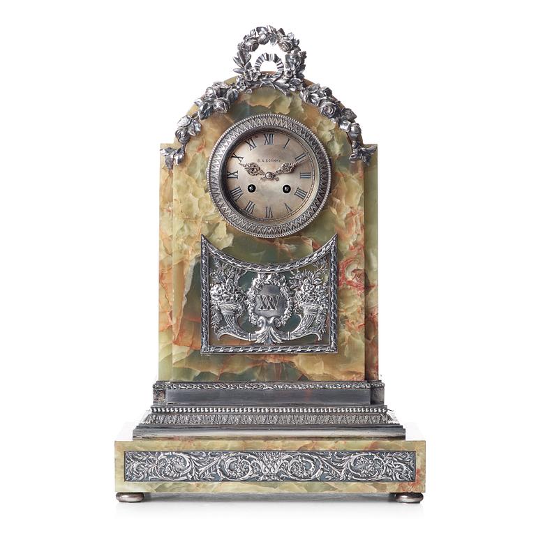 A silver jubilee hardstone and silver mantle clock by WA Bolin, Moscow 1912-1017.