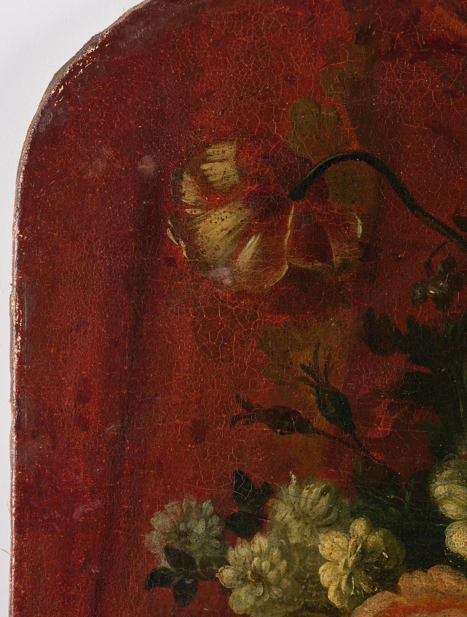 Pieter Casteels III, follower of, Wall panels, a pair, Flower urns with a parrot and a monkey respectively.