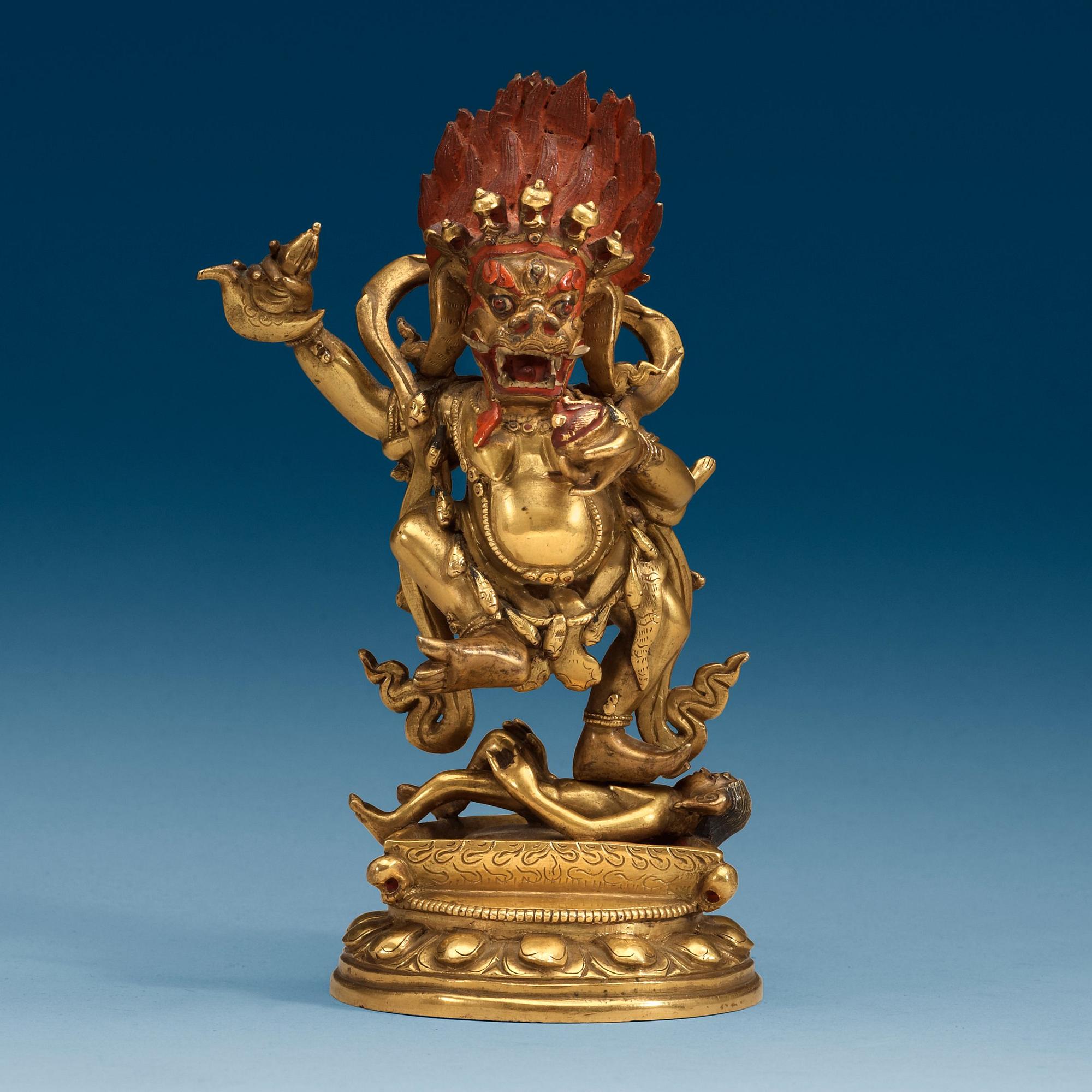 A Sinotibetan lacquered and gilt bronze figure of Takini Sinihavaktra, Qing dynasty, 19th Century or older.