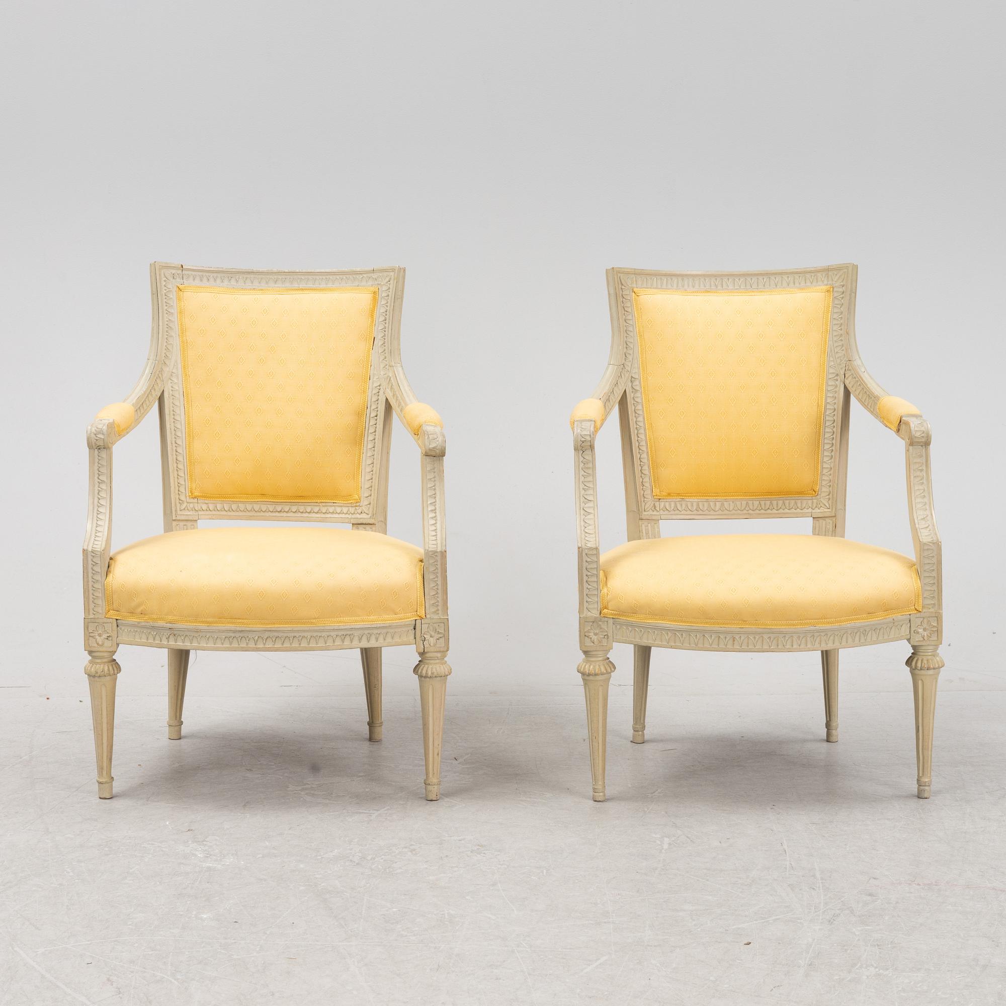 A matched pair of Gustavian armchairs, one signed by Johan Lindgren Stockholm.
