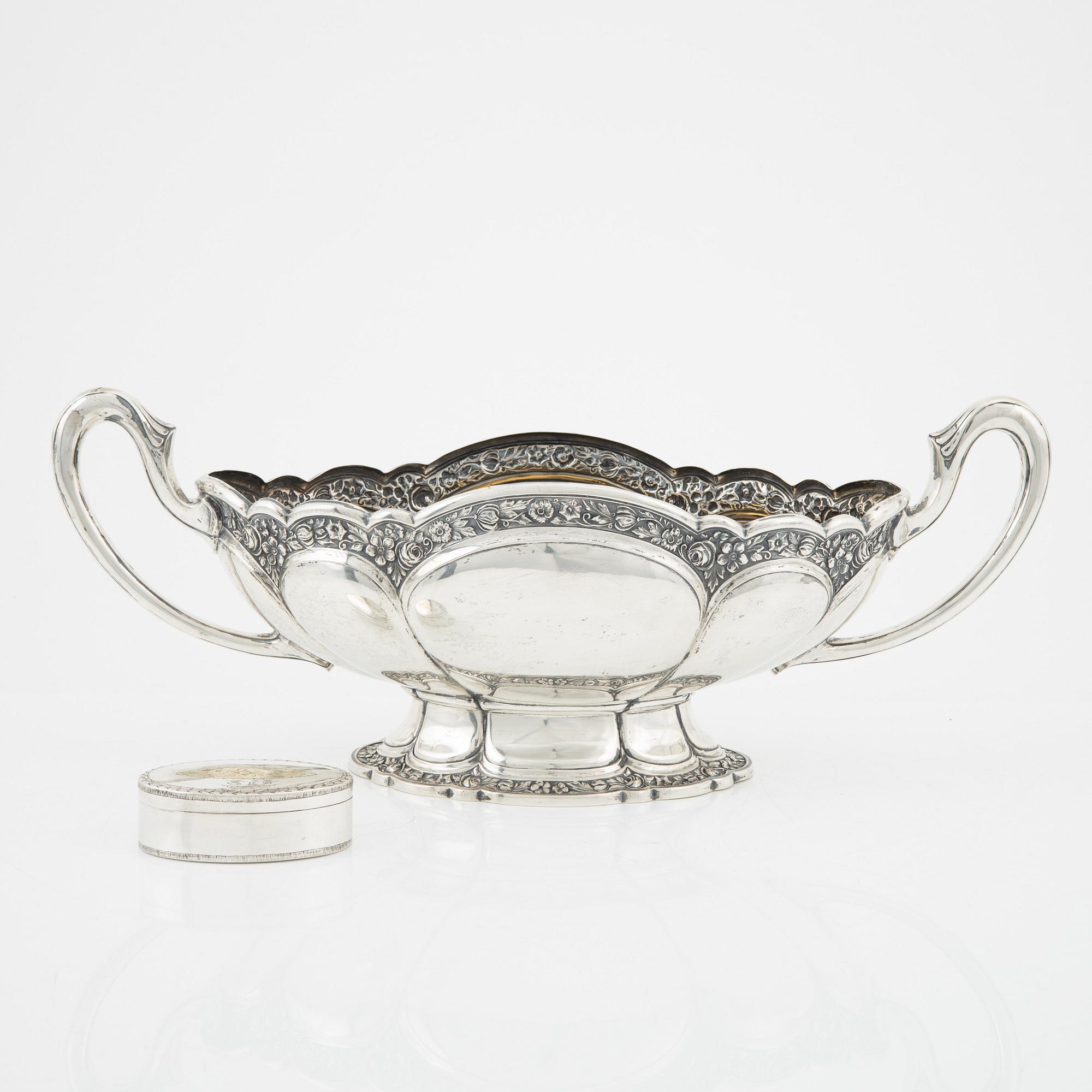 A silver jardiniere and a box,  including mark of Johan Petter Lund, Kristianstad (active 1795-1808).