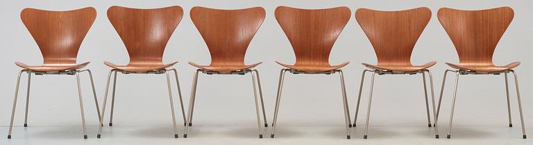 ARNE JACOBSEN, stolar, 6 st, "Sjuan", Fritz Hansen, Danmark 1950-tal.