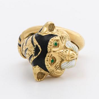 RING 18K guld, emalj, gröna glasstenar.