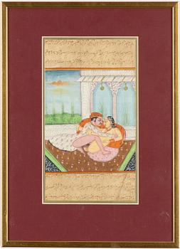 Unidentified artist, Erotic scenes in interiors, India, 20th century. Two pieces.