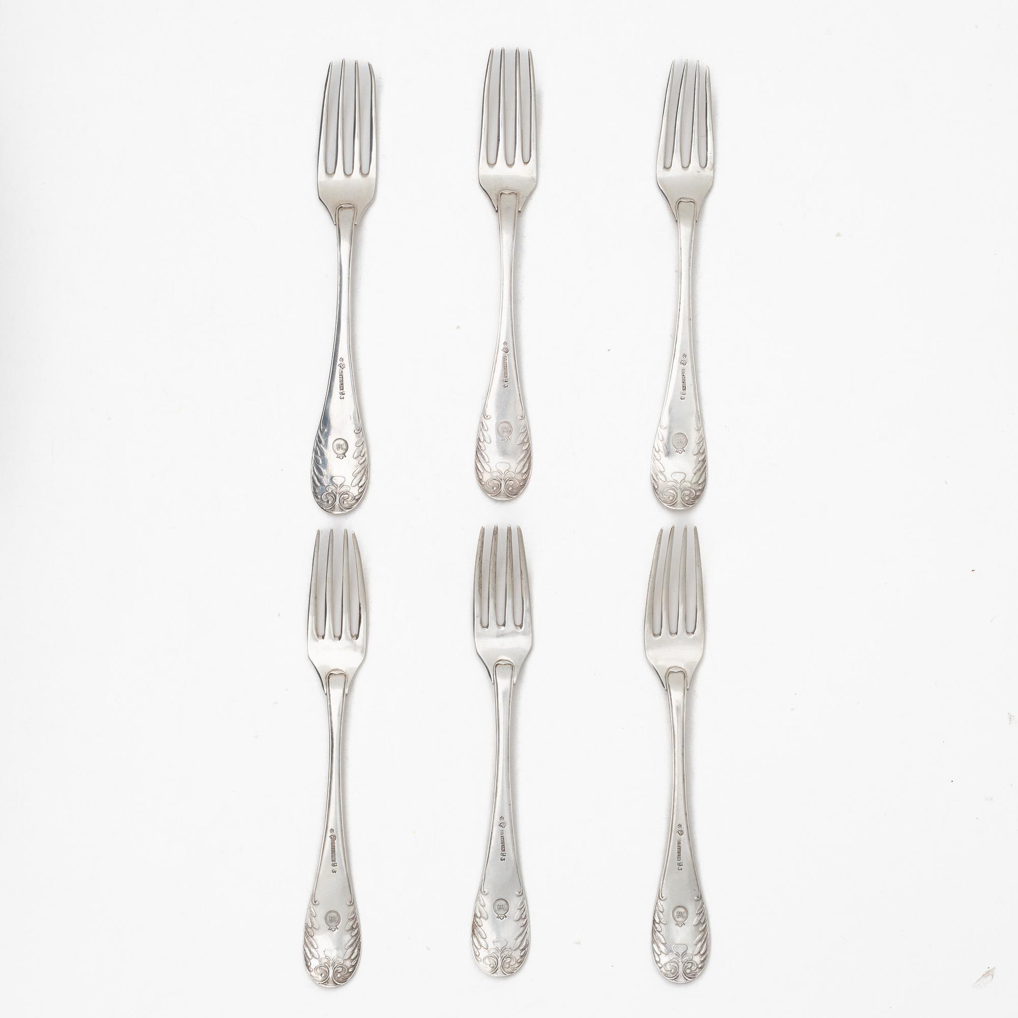 Six Swedish silver forks, mark of Conrad Thulin, Landskrona 1829.