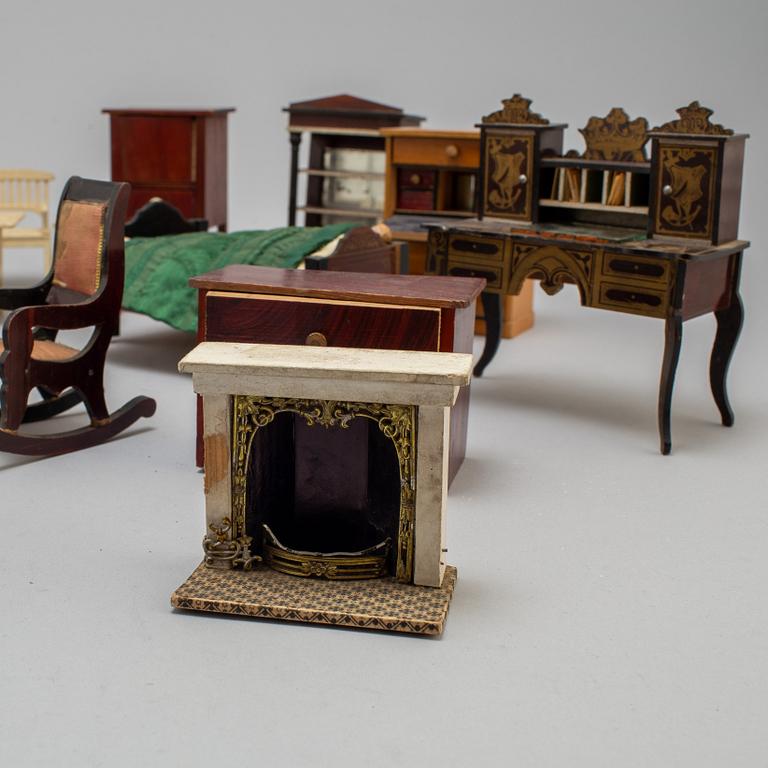 Circa 66 pieces of doll furniture with various accessories, ca 1900 and early 20th century.