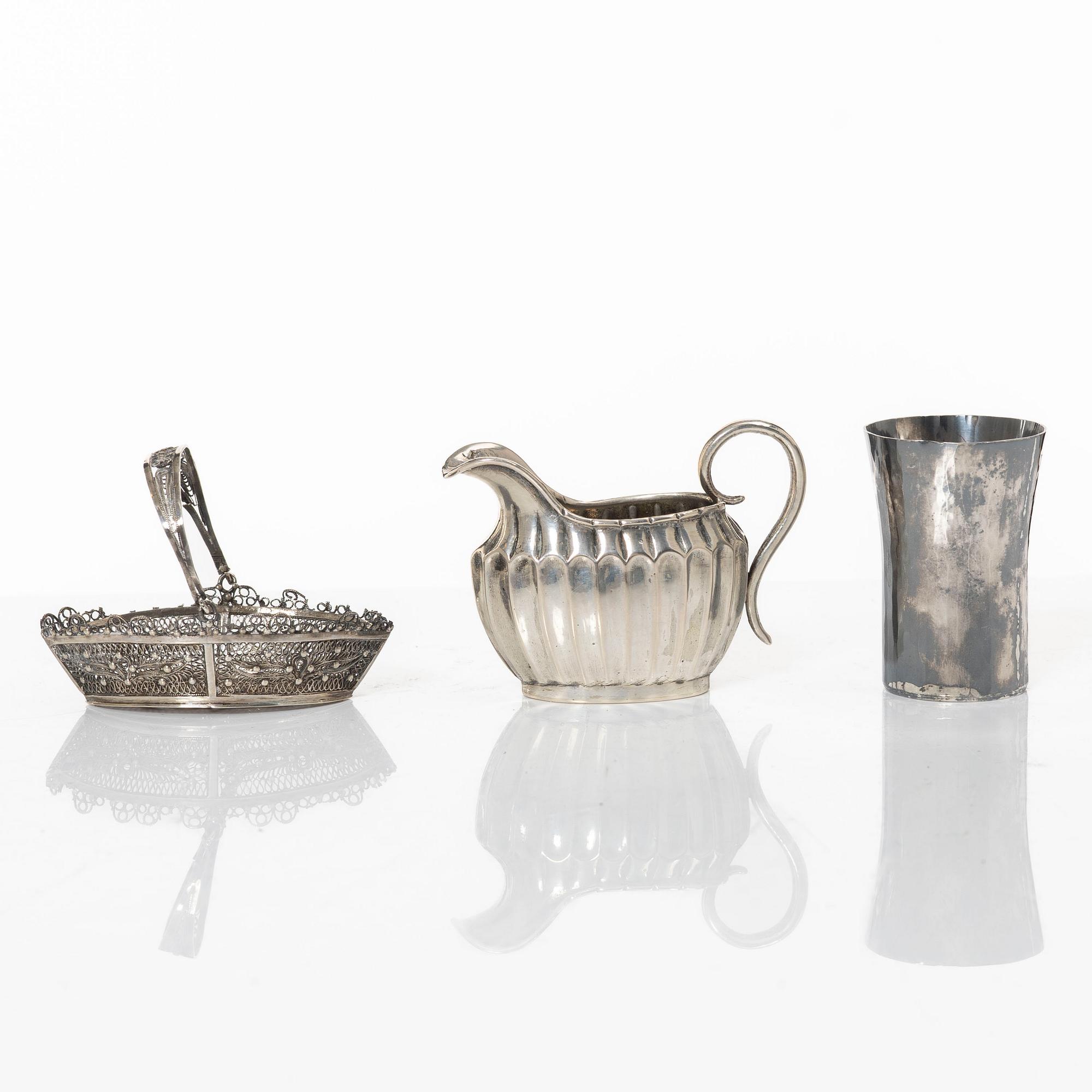 Three cups, dish, basket, jug, bowl, and ring holder, silver.