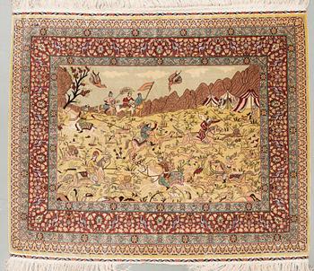 A silk rug, possibly Hereke, around 98 x 123 cm.