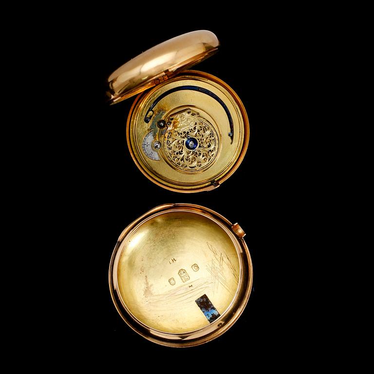 SPINDELUR, 18 k guld, London 1798, med yttre boett. Total vikt 146 gram.