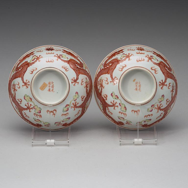 A pair of Republic five clawed dragon bowls, with Guangxus six character mark.