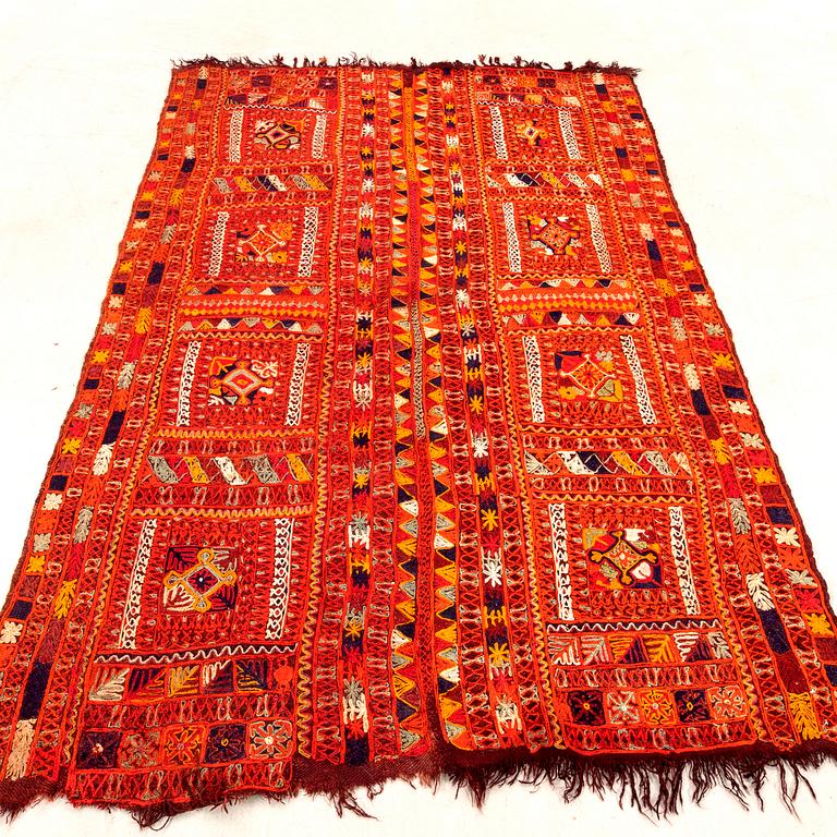 Kelim rug, semi-antique/antique, approximately 243x155 cm, composed of two stitched panels.