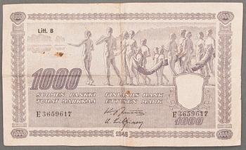 A 1945 bank note of 1000 Finnish Marks.