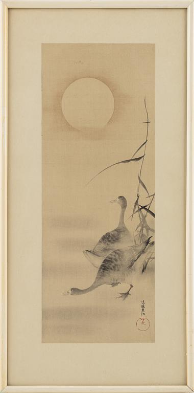 Different artists, two colour woodblock prints, one print on silk, Japan, 20th century.