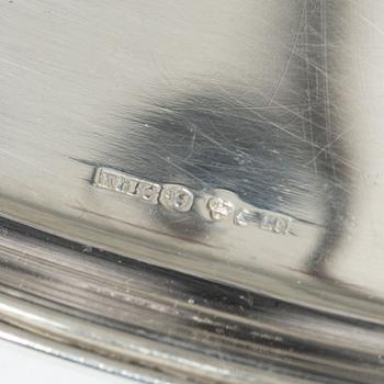 Salt and pepper shakers and tray, silver, including Henning Koppel for Georg Jensen, Denmark.