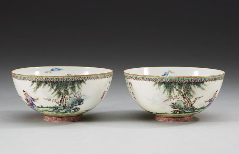 A pair of Chinese famille rose egg-shell bowls, Repubic period.