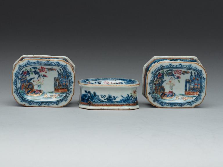 A set of three blue and white with enamels salts, Qing dynasty, Qianlong (1736-95).