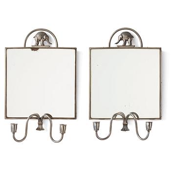 240. Nils Fougstedt, probably, a pair of pewter and brass framed wall sconces, Svenskt Tenn, Stockholm 1925.