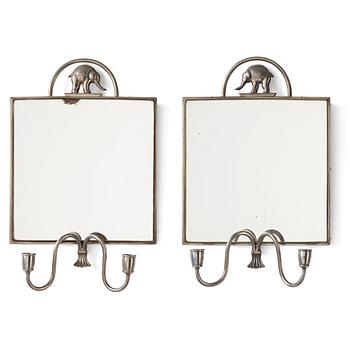 Nils Fougstedt, probably, a pair of pewter and brass framed wall sconces, Svenskt Tenn, Stockholm 1925.