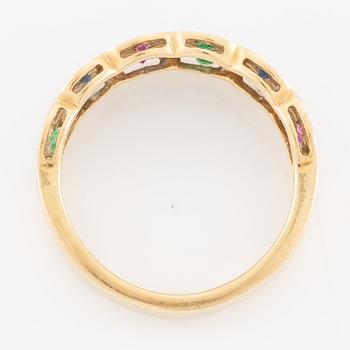 Ring, 18K gold with emeralds, rubies, sapphires, and small diamonds.