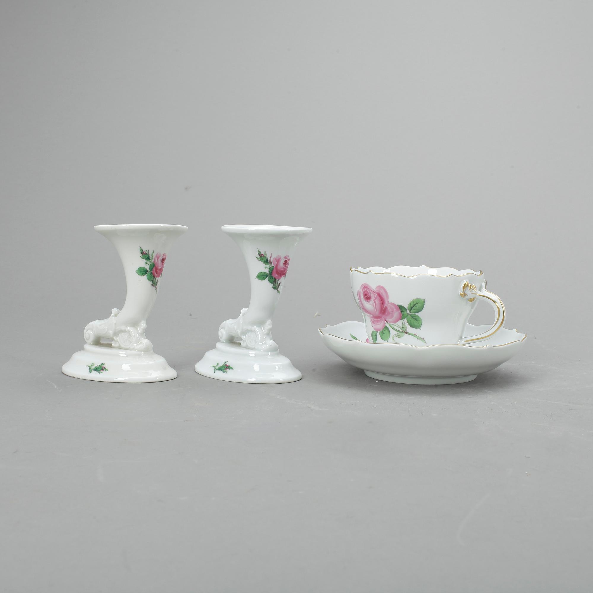 TEKOPPAR samt LJUSSTAKAR, 8 +2, porslin, Meissen, Tyskland, 1900-tal.